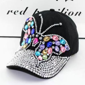 Crystal Butterfly Detail Black Denim Cap Large