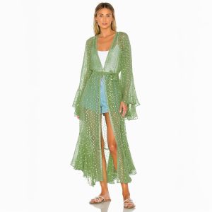 Sheer Maxi Beach Cover-Up with Ruffle Sleeves Kimono