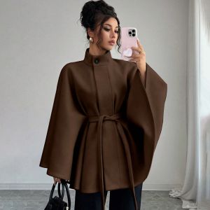 Batwing Cape Jacket with High Neck and Tie-Waist