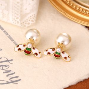 Bee Charm Pearl Earrings Heart Wing Enamel in Cream EUR567