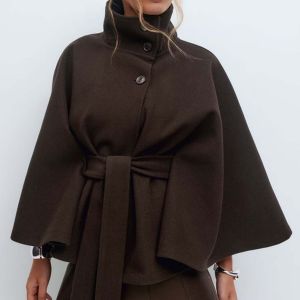 Structured Funnel Neck Belted Cape Jacket
