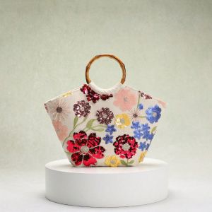 Sequins Flowers Handbag with Bamboo Handle