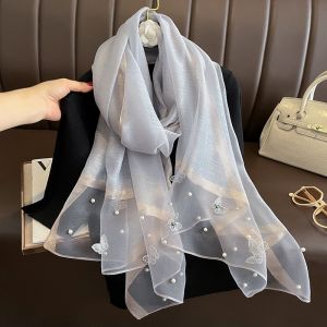 Grey Silk Scarf with Butterflies & Pearls Details