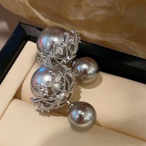 Grey Pearl Earrings with Crystal Embellished Crown
