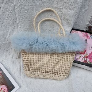 A196 Ruffle Edge Straw Tote Bag in Baby Blue