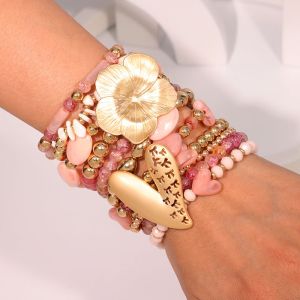 Bloom & Heart Multi-Layer Beaded Pink Bracelet Stack