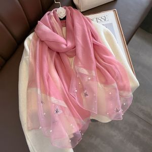 Rose Silk Scarf with Butterflies & Pearls Details