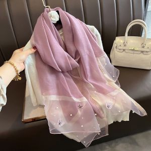 Mauve Silk Scarf with Butterflies & Pearls Details