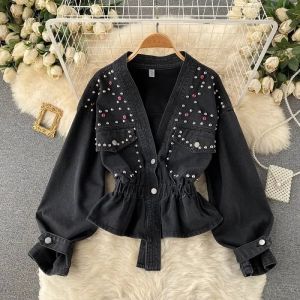 Studded V-Neck Denim Jacket with Elastic Cinch Waist