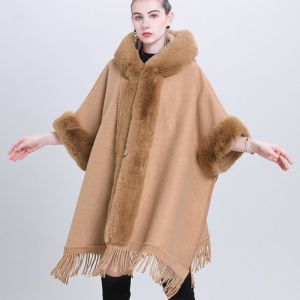 Hooded Poncho Cape with Faux Fur Trim & Fringe