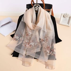 Beige Embroidered Floral Sheer Evening Scarf