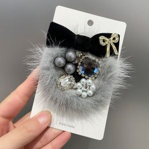 Fur Brooch with Velvet Bow and Gems in Grey 1586