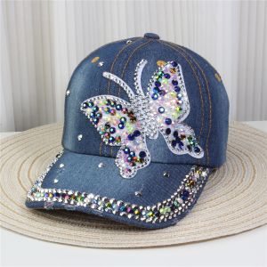 Blue Denim Glam Butterfly Cap with Crystal Accents