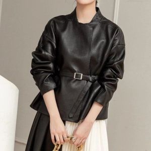 Black Chic Belted Faux Leather Kimono Jacket