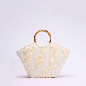 Cream Sequins Bamboo Handle Summer Beach Bag