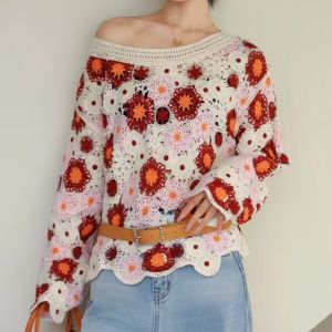 Multicoloured Boho Crochet Square Knit Top