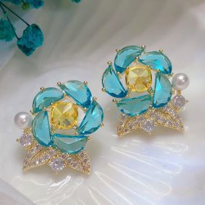 Floral Statement Earrings with Pearl in Blue
