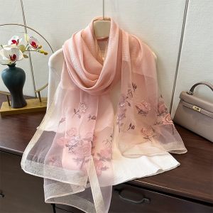 Sheer Silk Scarf with Embroidered Roses