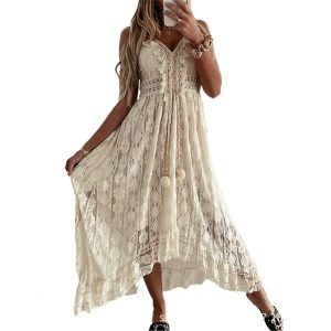 Tassel Detail White Boho Lace Beach Dress Cover-Up