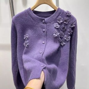 Knit Cardigan with 3D Floral Embroidery