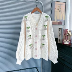 Cable Knit Cardigan with Crochet Cherry Detail