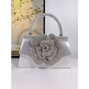 Rhinestone Rose Flower Evening Bag in Silver
