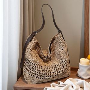 Straw Crochet Tote Summer Bag With Faux Leather Strap