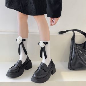 Large Rose and Black Ribbon Style Socks in White
