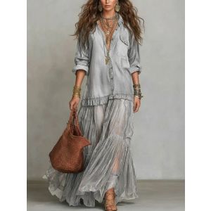 Denim Look Tiered Maxi Shirt Dress with Chiffon Hem