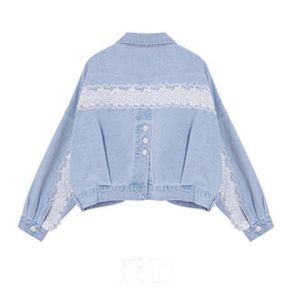 Lace Trim Blue Denim Jacket with Back Button Detail