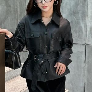 Edgy Faux Leather Belted Jacket in Black