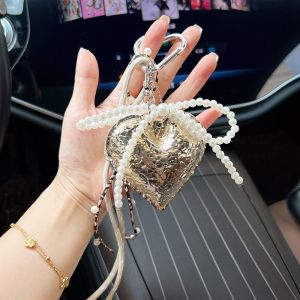 Metallic Gold Heart Keychain with Pearlies Bow Details