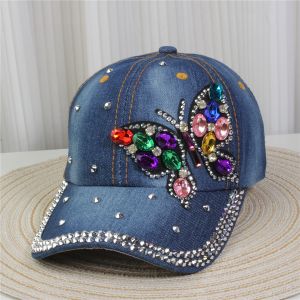 Blue Denim Cap with Vibrant Butterfly Crystals
