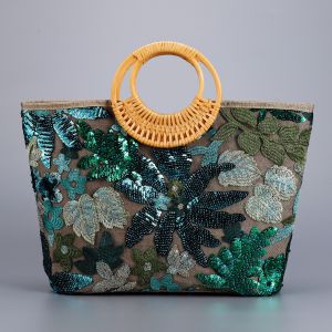 Emerald Green Sequin Tropical Tote Beach Bag