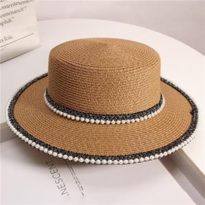Boater Hat with Pearl Trim in Tan WA203
