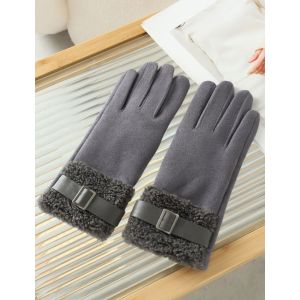 Plush Faux Fur Trim & Buckle Wool Gloves in Grey
