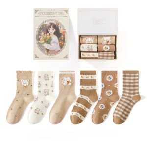 Vintage Style 6 Pairs Socks Beige Gift Set Box