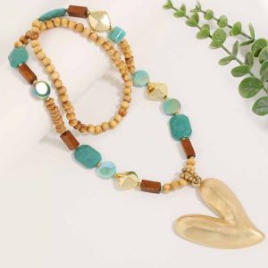 Chunky Turquoise & Wood Beaded Heart Necklace