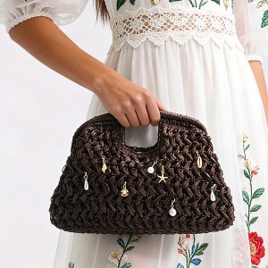 Straw Summer Tote Bag with Starfish and Pearl Charms