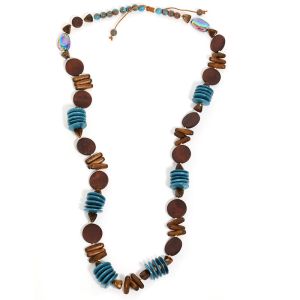 Turquoise & Wooden Disk Statement Long Necklace