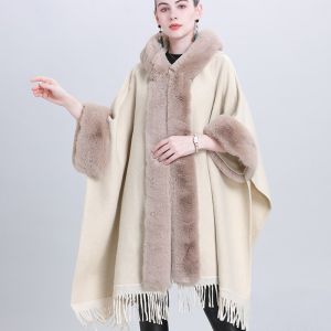 Hooded Poncho Cape with Faux Fur Trim & Fringe