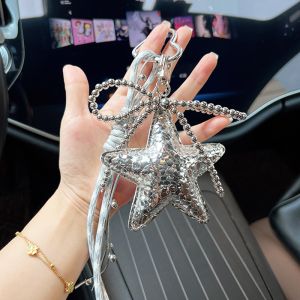 Silver Star Metallic Textured Keychain with Beaded Detail