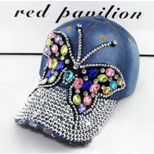Crystal Butterfly Detail Blue Denim Cap Large