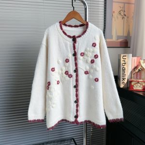 Cream & Burgundy Flowers Embroideries Cardigan