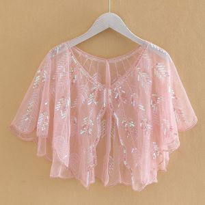 Blush Pink Sequin Mesh Lace Wedding Shawl & Bolero