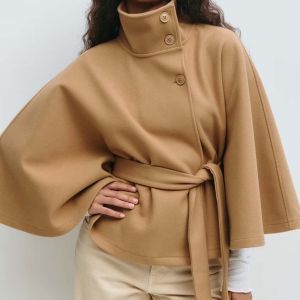Structured Funnel Neck Belted Cape Jacket