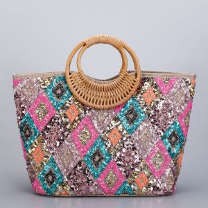 Geometric Sequin Bag with Rattan Circle Handles