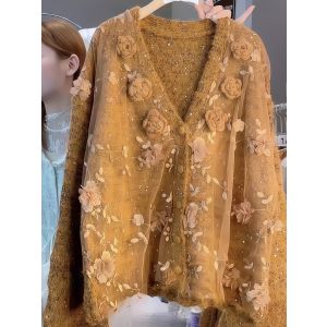 Romantic Rust Orange Cardigan with Tulle Flowers