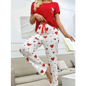 Short Sleeve Ribbed Top & Heart Pattern Pyjama Set