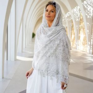 Sparkling Silver Lace Scarf Wrap with Tassels